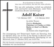 Traueranzeige Adolf Kaiser