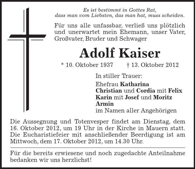 Traueranzeige Adolf Kaiser