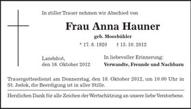 Traueranzeige Anna Hauner
