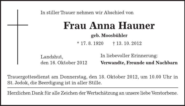 Traueranzeige Anna Hauner