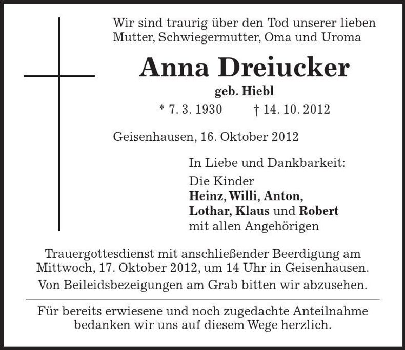 Traueranzeige Anna Dreiucker