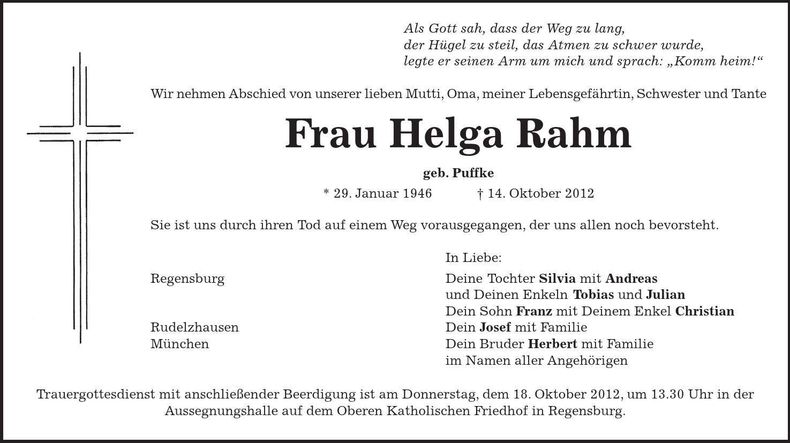 Traueranzeige Helga Rahm