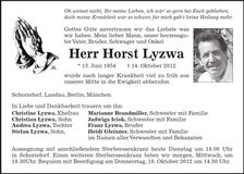 Traueranzeige Horst Lyzwa