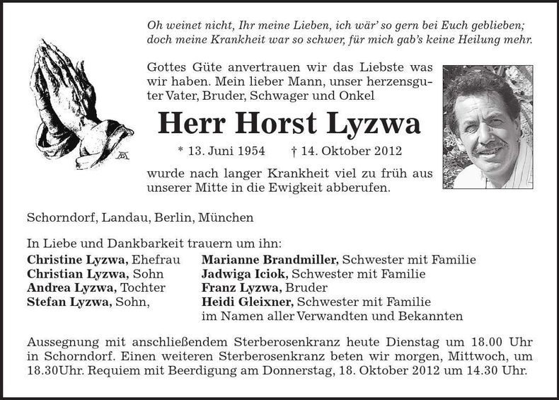 Traueranzeige Horst Lyzwa