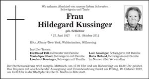 Traueranzeige Hildegard Kussinger