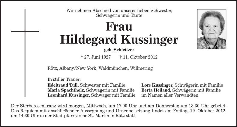 Traueranzeige Hildegard Kussinger