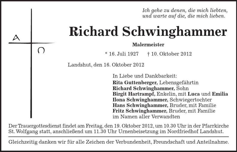 Traueranzeige Richard Schwinghammer