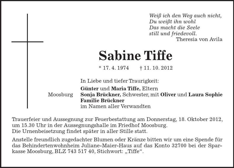 Traueranzeige Sabine Tiffe
