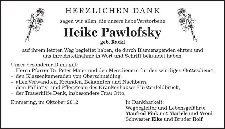 Traueranzeige Heike Pawlofsky
