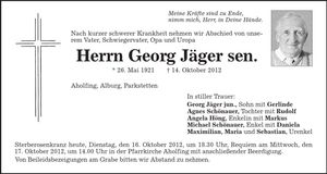 Traueranzeige Georg Jäger