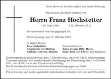 Traueranzeige Franz Höchstetter