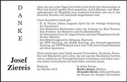 Traueranzeige Josef Ziereis