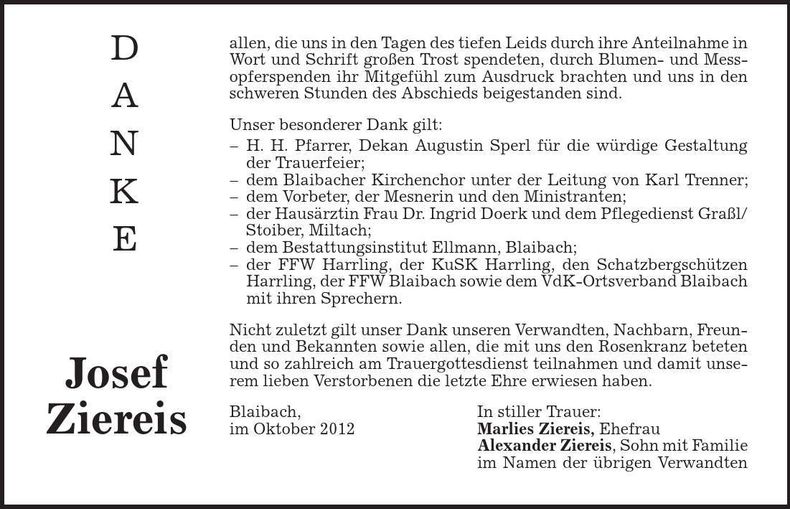 Traueranzeige Josef Ziereis