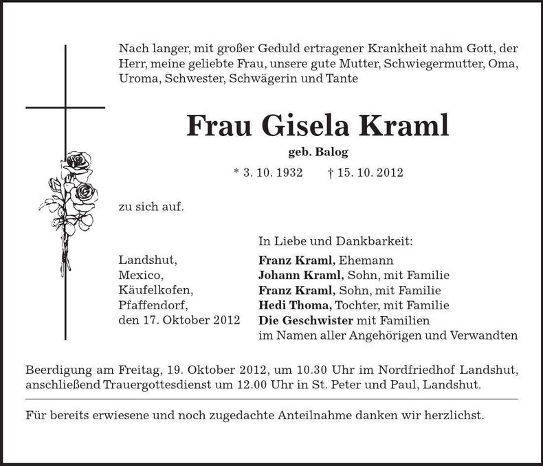 Traueranzeige Gisela Kraml