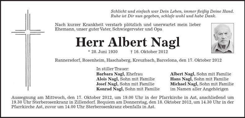 Traueranzeige Albert Nagl