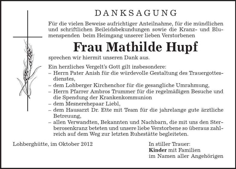 Traueranzeige Mathilde Hupf