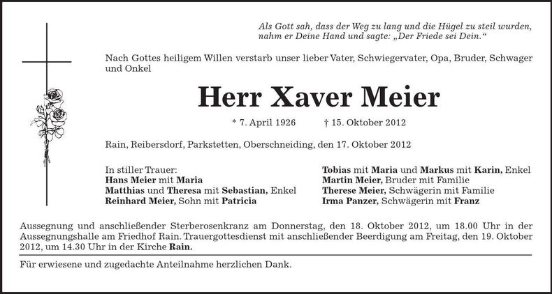 Traueranzeige Xaver Meier