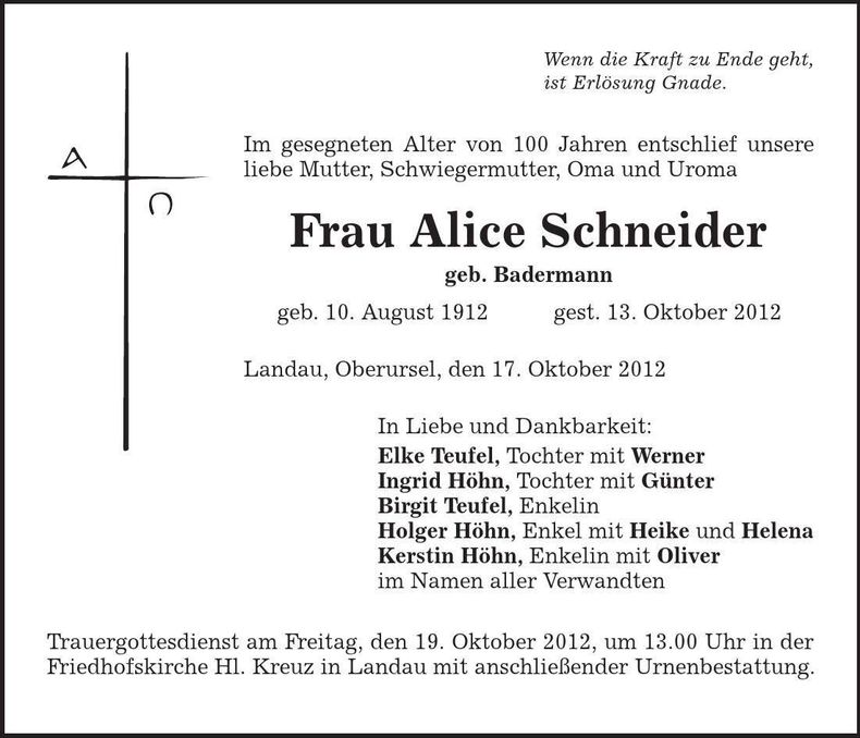 Traueranzeige Alice Schneider