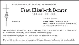 Traueranzeige Elisabeth Berger
