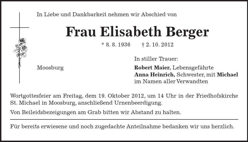 Traueranzeige Elisabeth Berger