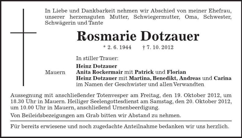 Traueranzeige Rosmarie Dotzauer