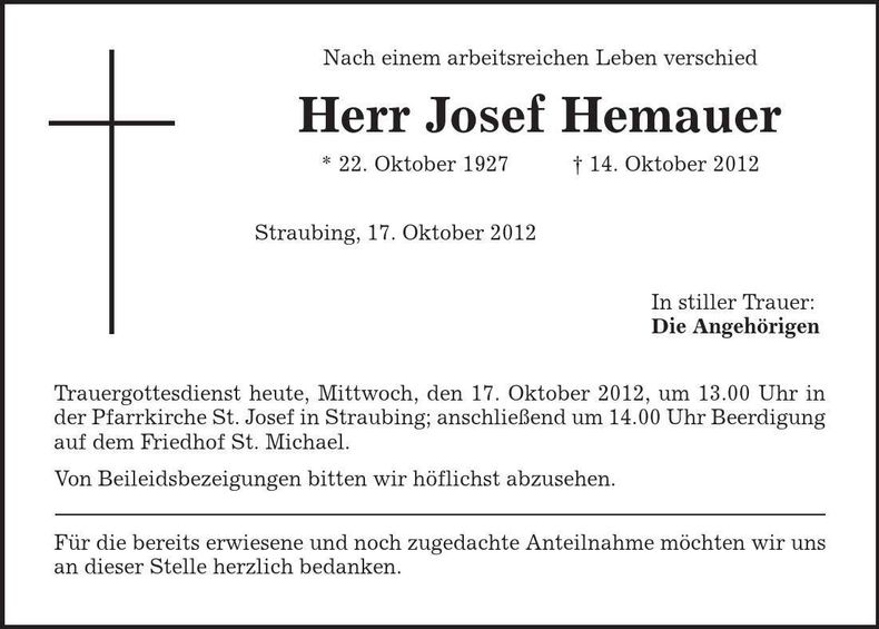 Traueranzeige Josef Hemauer
