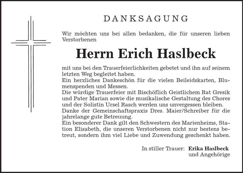 Traueranzeige Erich Haslbeck