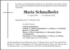 Traueranzeige Maria Schmalhofer