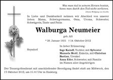 Traueranzeige Walburga Neumeier