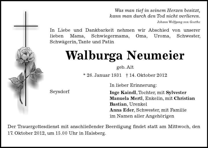 Traueranzeige Walburga Neumeier