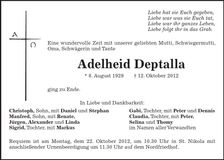 Traueranzeige Deptalla Adelheid