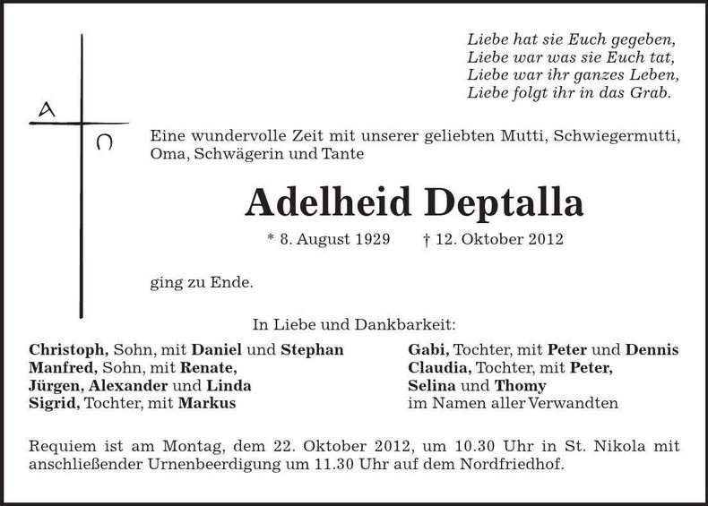 Traueranzeige Deptalla Adelheid