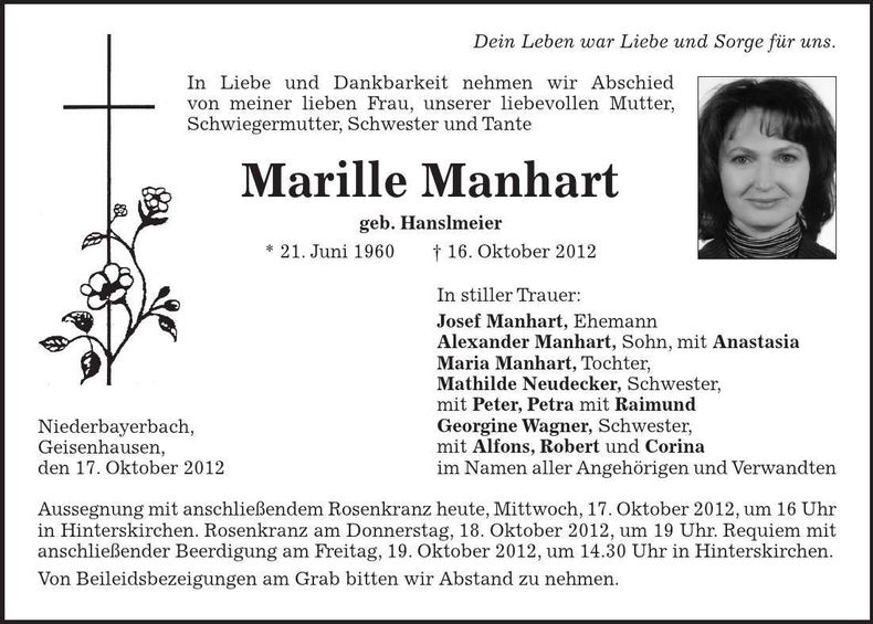 Traueranzeige Marille Manhart