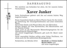 Traueranzeige Xaver Janker