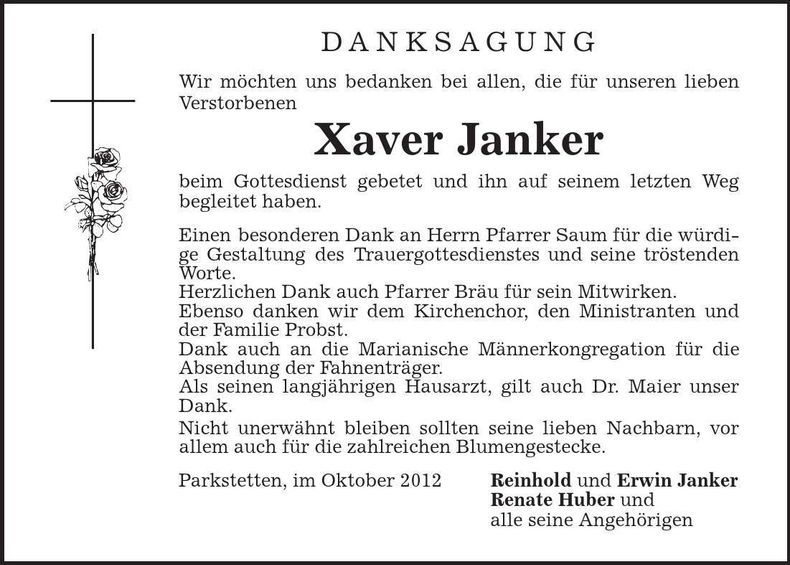 Traueranzeige Xaver Janker