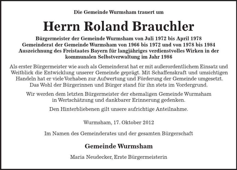 Traueranzeige Roland Brauchler