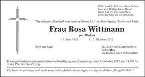 Traueranzeige Rosa Wittmann