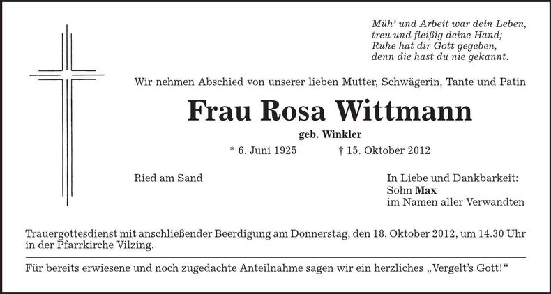 Traueranzeige Rosa Wittmann