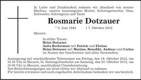 Traueranzeige Rosmarie Dotzauer