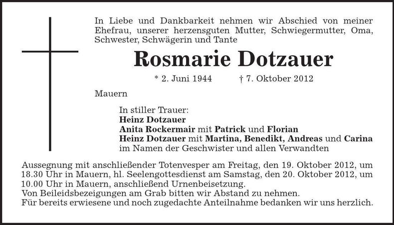 Traueranzeige Rosmarie Dotzauer