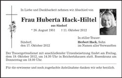 Traueranzeige Huberta Hack-Hiltel
