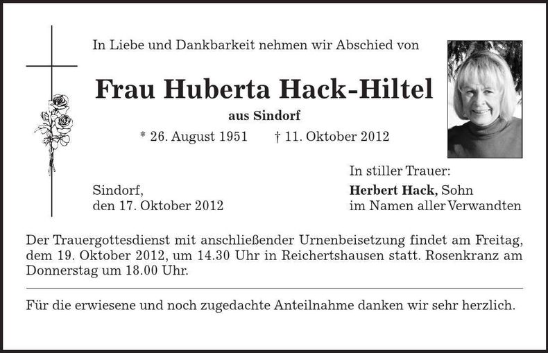 Traueranzeige Huberta Hack-Hiltel