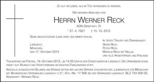 Traueranzeige Werner Reck