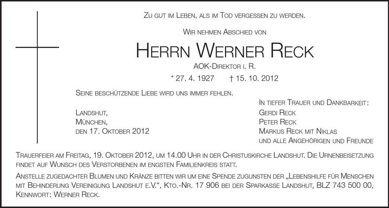 Traueranzeige Werner Reck