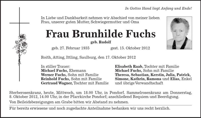 Traueranzeige Brunhilde Fuchs