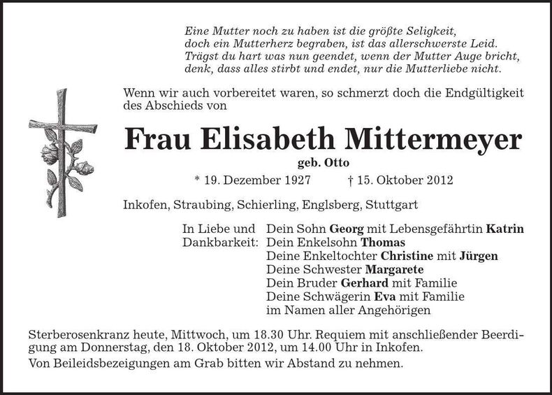 Traueranzeige Elisabeth Mittermeyer