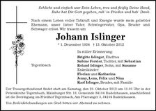 Traueranzeige Johann Islinger