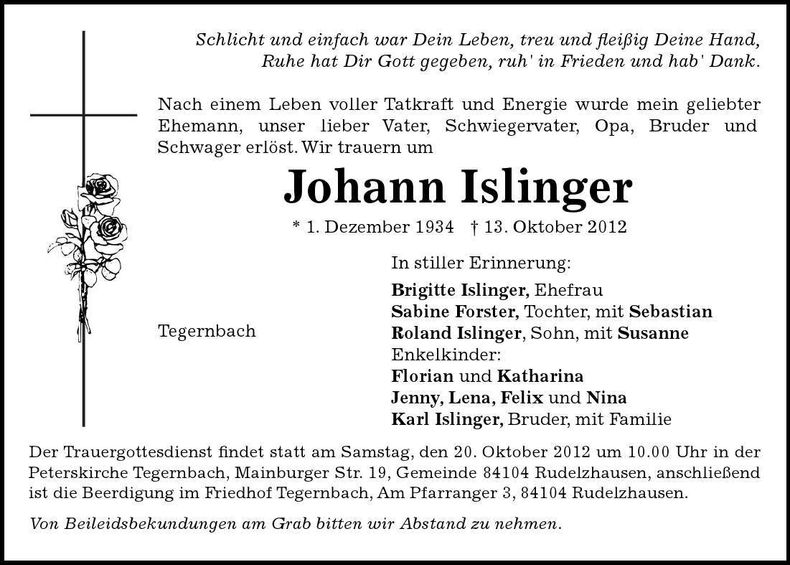 Traueranzeige Johann Islinger