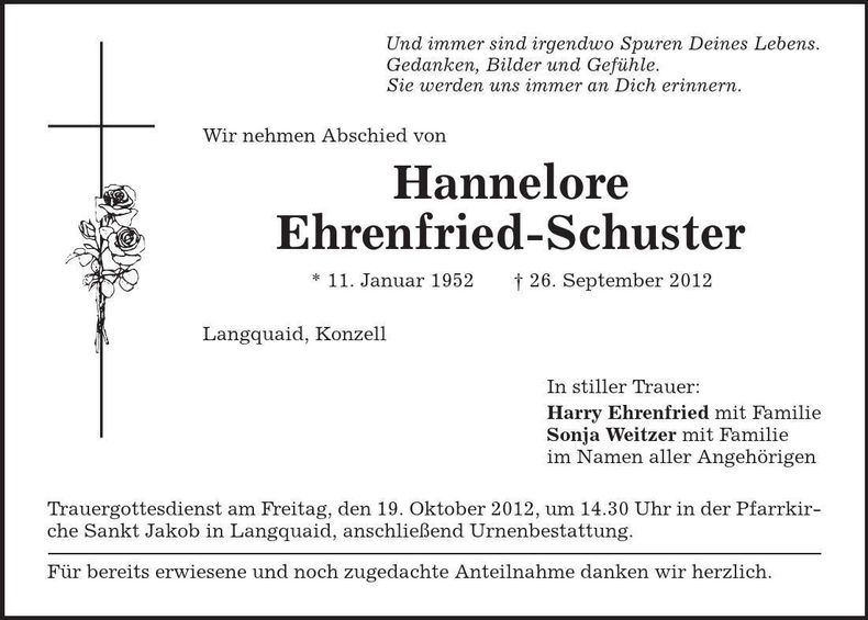 Traueranzeige Hannelore Ehrenfried-Schuster