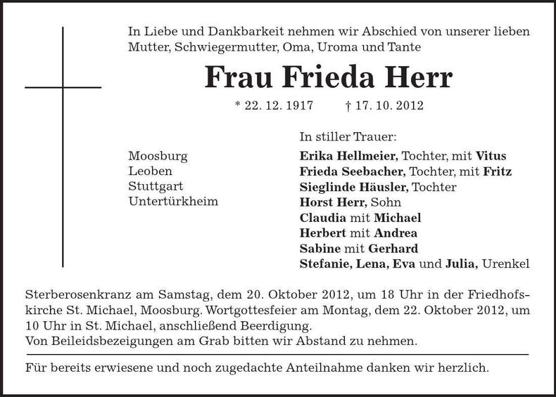 Traueranzeige Frieda Herr